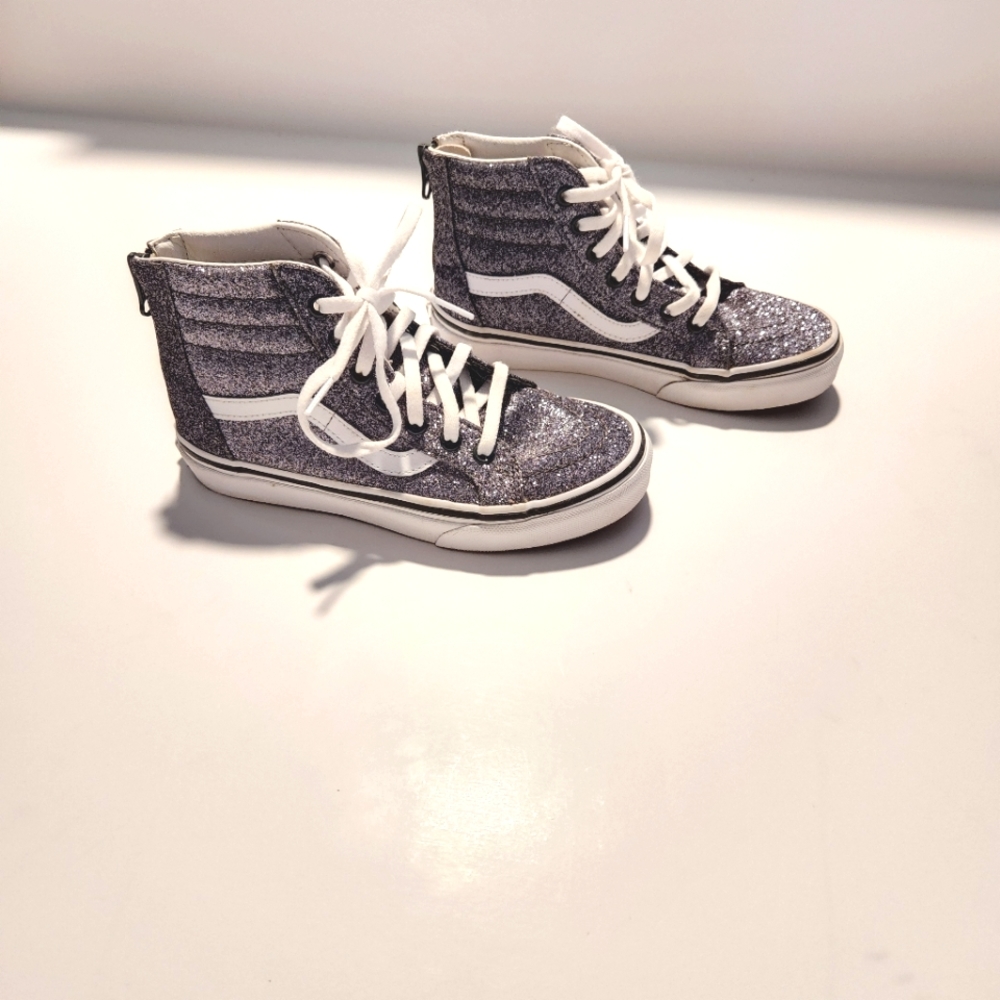 Girls Light Purple Glitter High Top Vans Sneakers